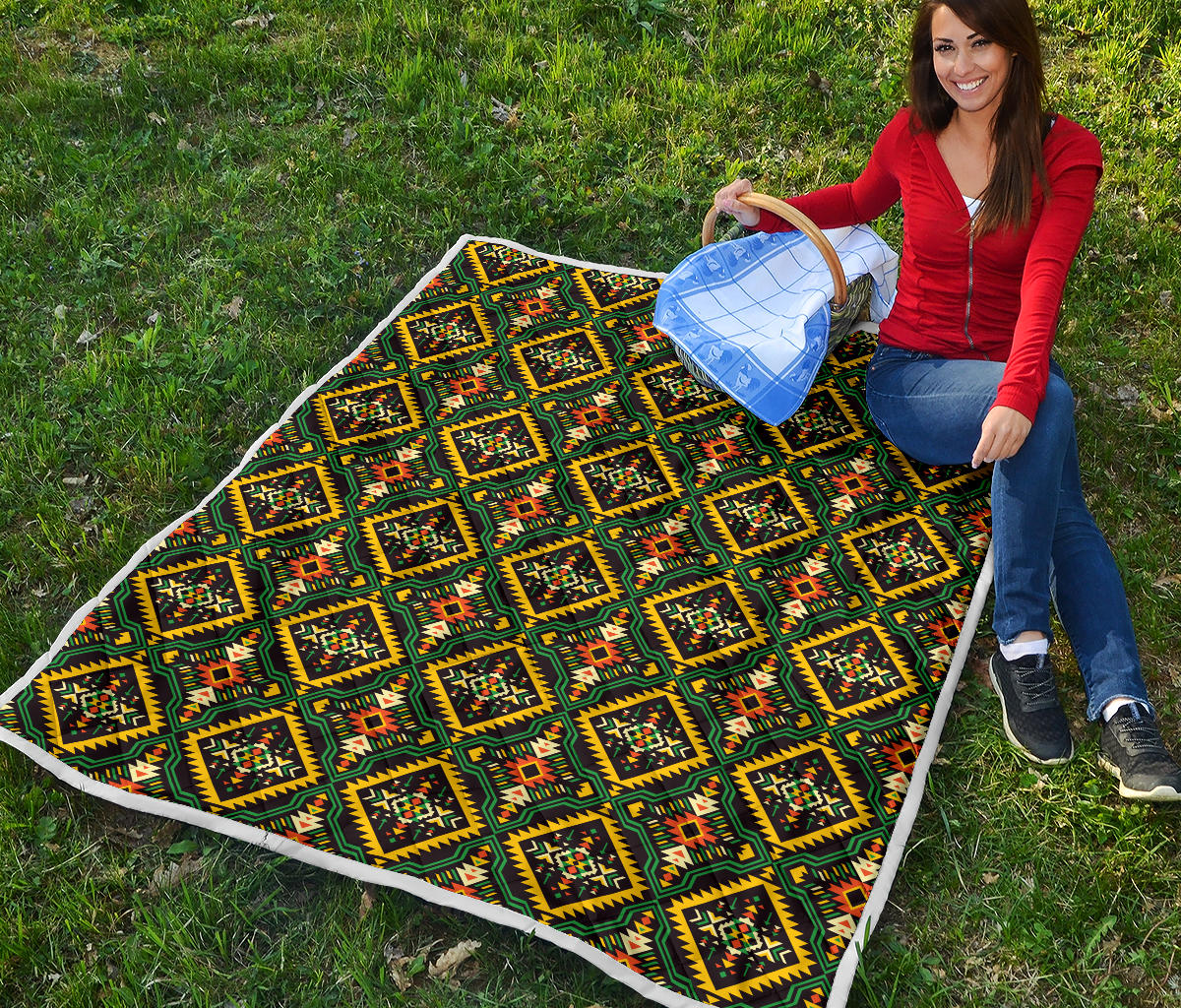 Kente Green Design African Print Quilt Bedspread