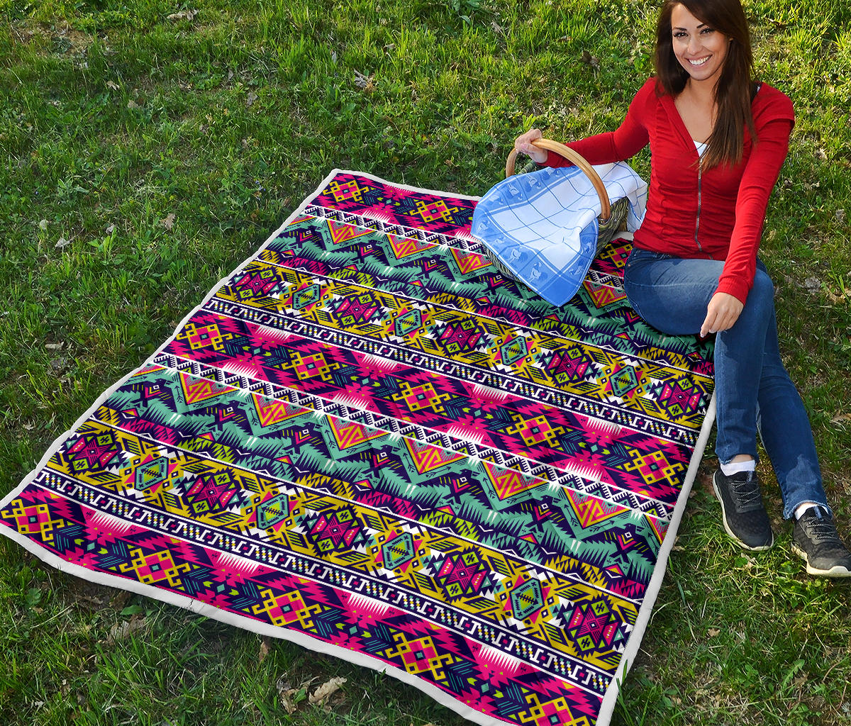 Indian Navajo Color Themed Design Print Quilt Bedspread