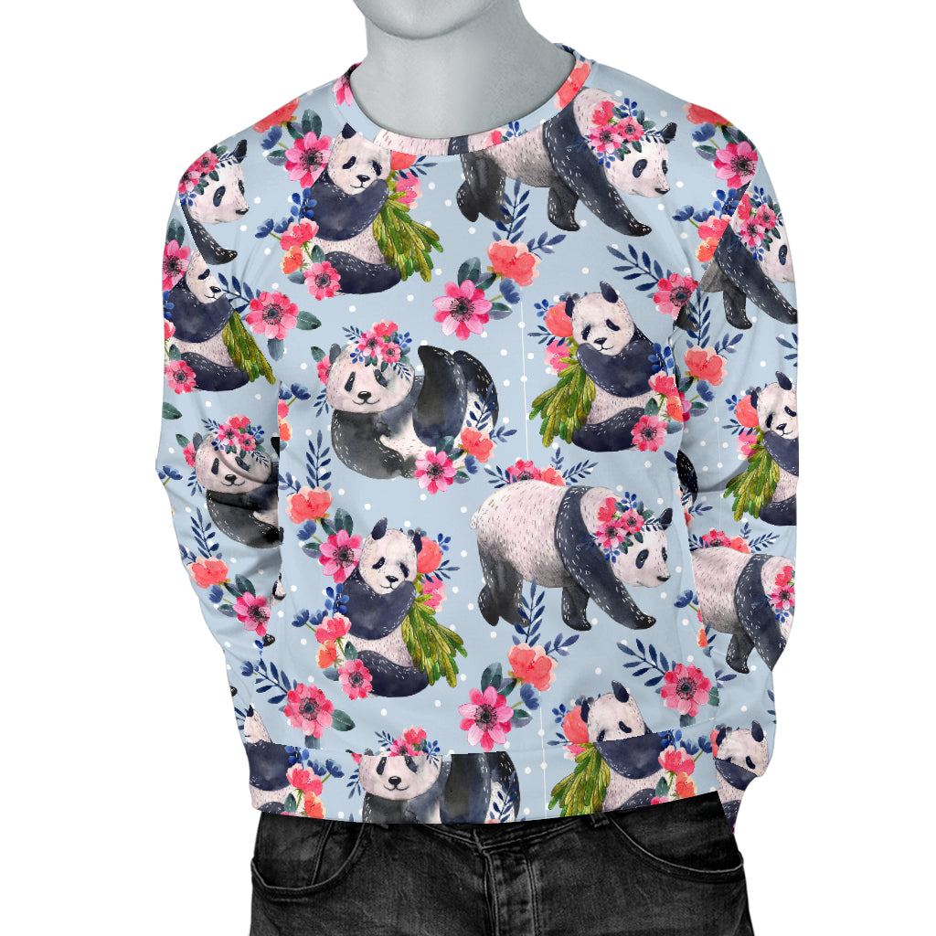 Panda Bear Flower Design Themed Print Men Long Sleeve Sweatshirt