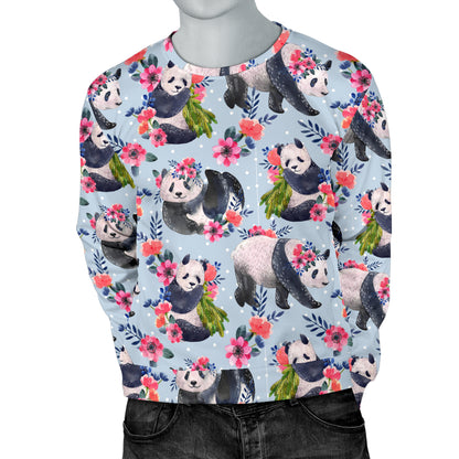 Panda Bear Flower Design Themed Print Men Long Sleeve Sweatshirt