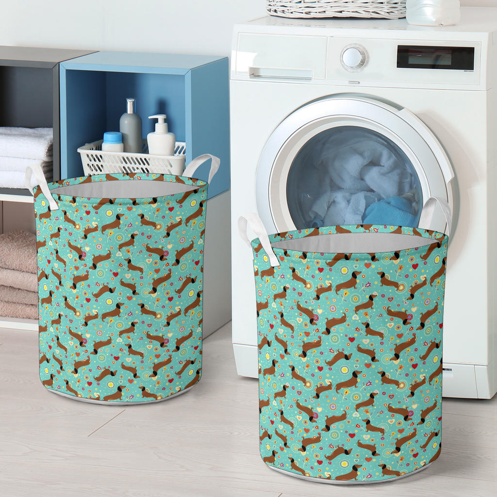 Dachshund with Floral Print Pattern Laundry Basket