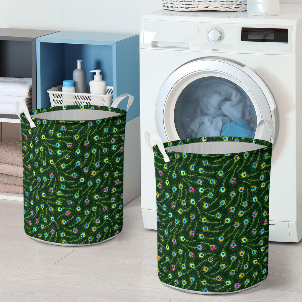 Peacock Feather Green Design Print Laundry Basket