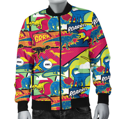 Dinosaur Comic Pop Art Style Men Bomber Jacket