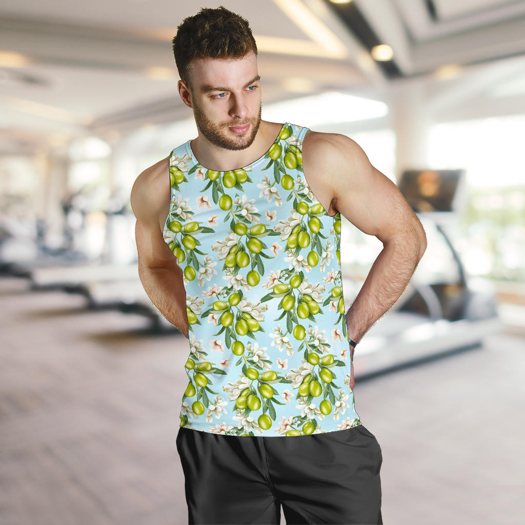 Elegant Olive Floral Print Men Tank Top