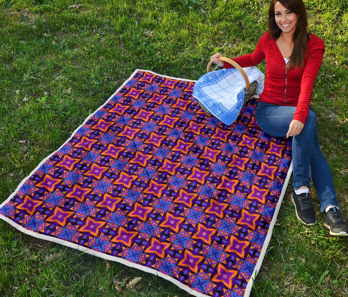 kaleidoscope Purple Orange Print Design Quilt Bedspread