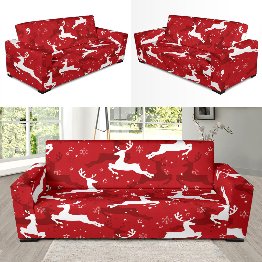 Reindeer Red Pattern Print Design 01 Sofa Slipcover