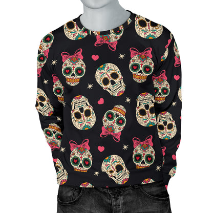 Sugar Skull Pink Bow Themed Print Men Long Sleeve Sweatshirt