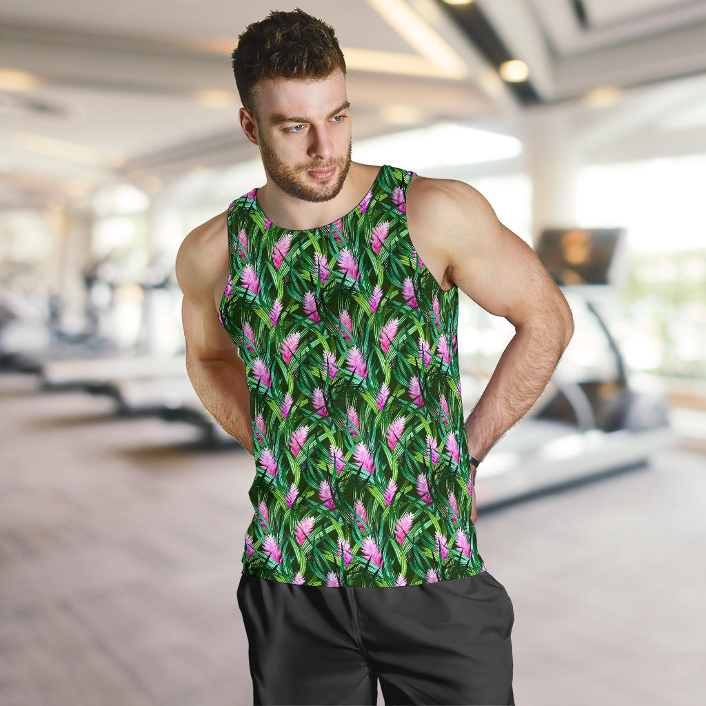 Tropical Folower Pink Heliconia Print Men Tank Top