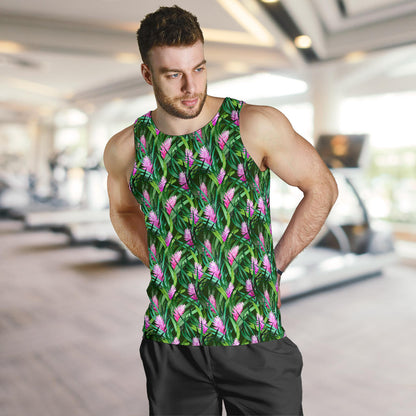 Tropical Folower Pink Heliconia Print Men Tank Top