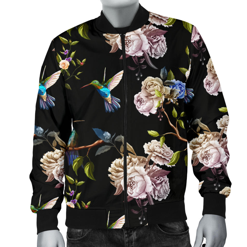 Hummingbird Flower Themed Print Men Bomber Jacket