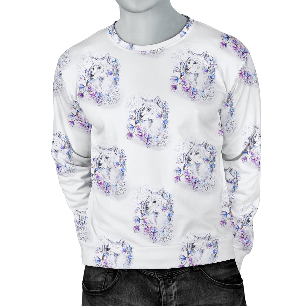 Wolf with Flower Print Design Men Long Sleeve Sweatshirt