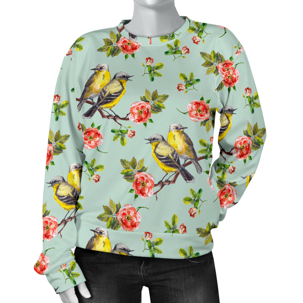 Bird with Red Flower Print Pattern Women Long Sleeve Sweatshirt