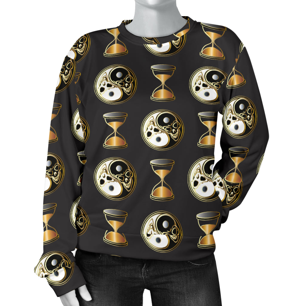 Yin Yang Skull Themed Design Print Women Long Sleeve Sweatshirt