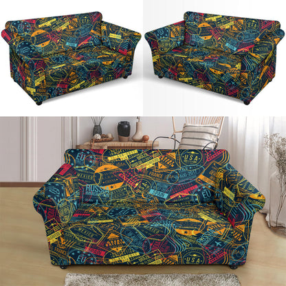 Travel Stamp Colorful Print Design LKS304 Loveseat Couch Slipcover