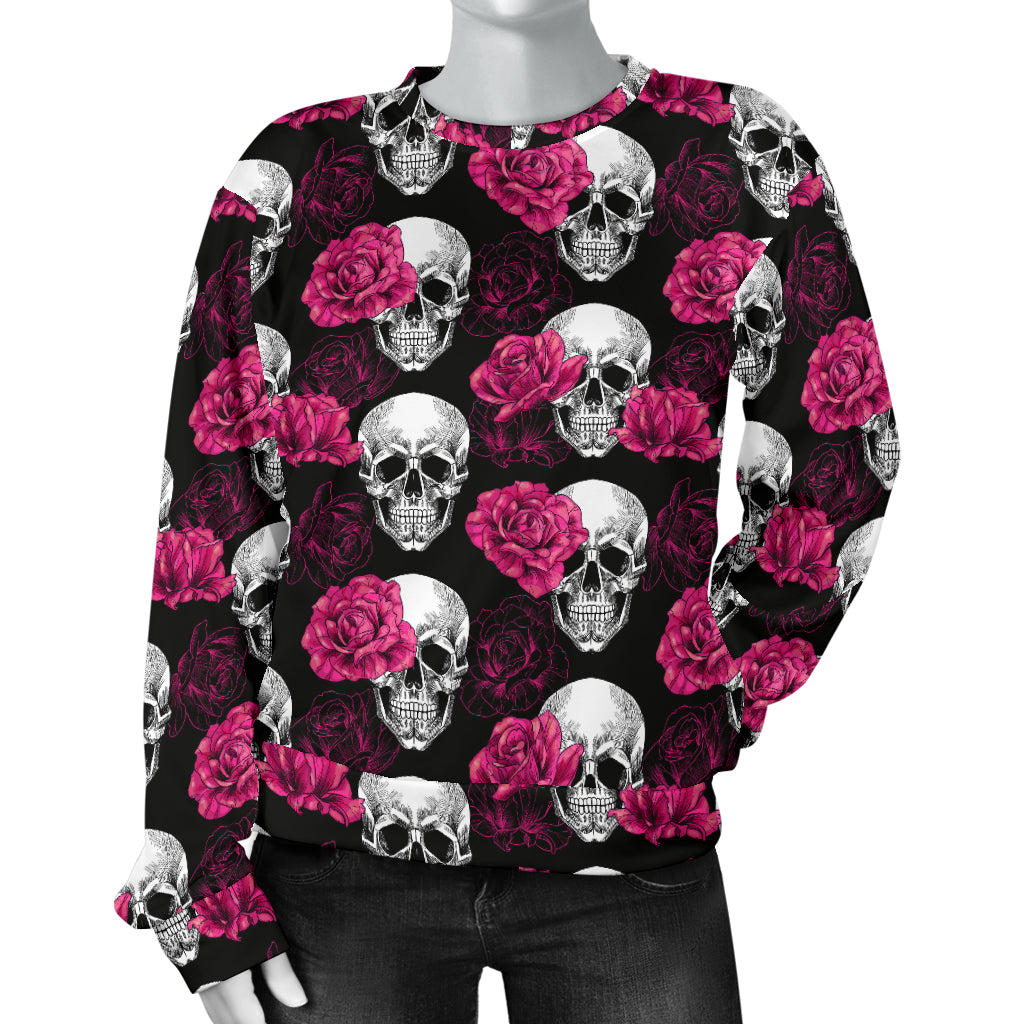 Pink Rose Skull Themed Print Women Long Sleeve Sweatshirt