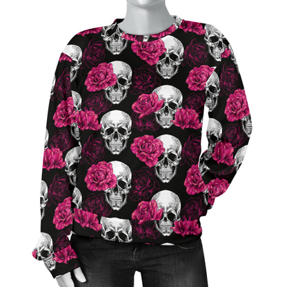 Pink Rose Skull Themed Print Women Long Sleeve Sweatshirt