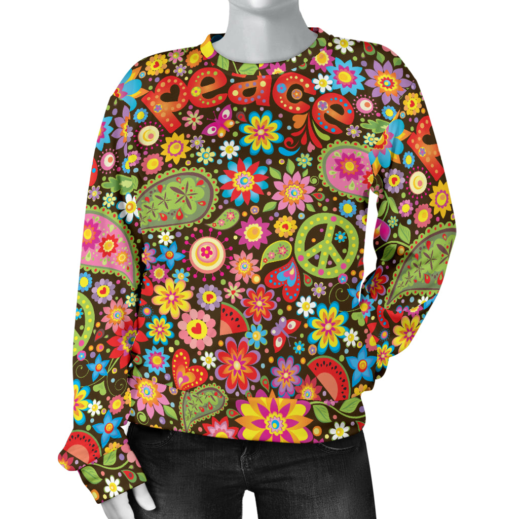 Flower Power Peace Paisley Themed Print Women Long Sleeve Sweatshirt