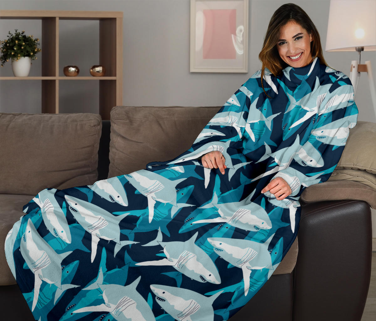 Shark Design Print Adult Sleeve Blanket