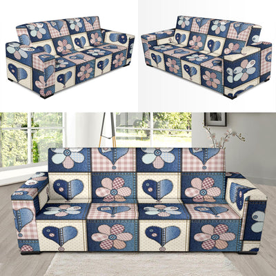 Patchwork Heart Flower Pattern Print Design 01 Sofa Slipcover