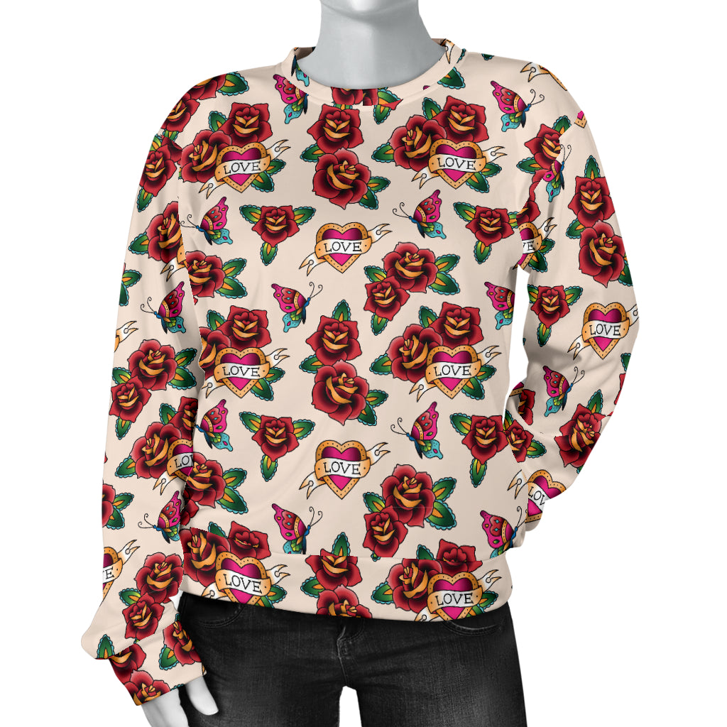 Old School Tattoo Rose Pattern Women Long Sleeve Sweatshirt