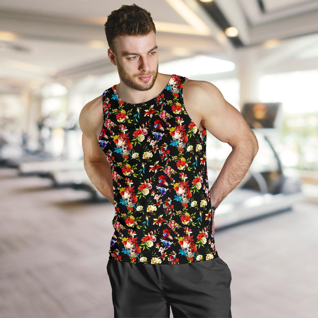 Skull Roses Flower Design Themed Print Men Tank Top