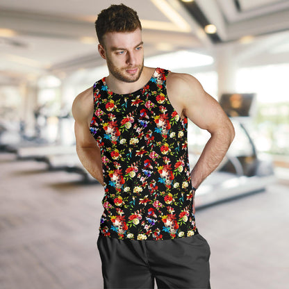 Skull Roses Flower Design Themed Print Men Tank Top