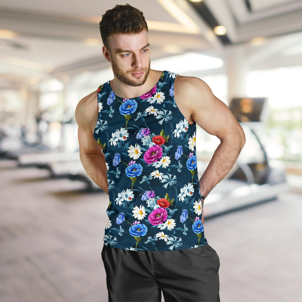 Floral Blue Themed Print Men Tank Top