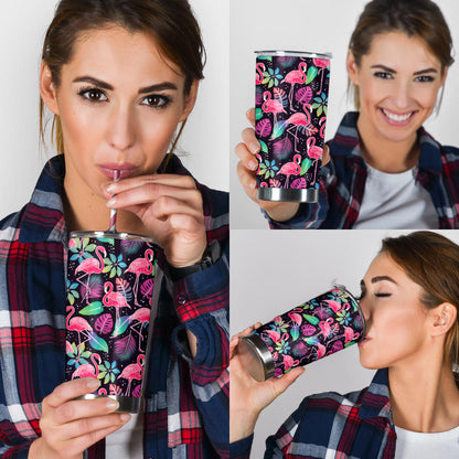 Flamingo Tropical leaves Neon Print Tumbler