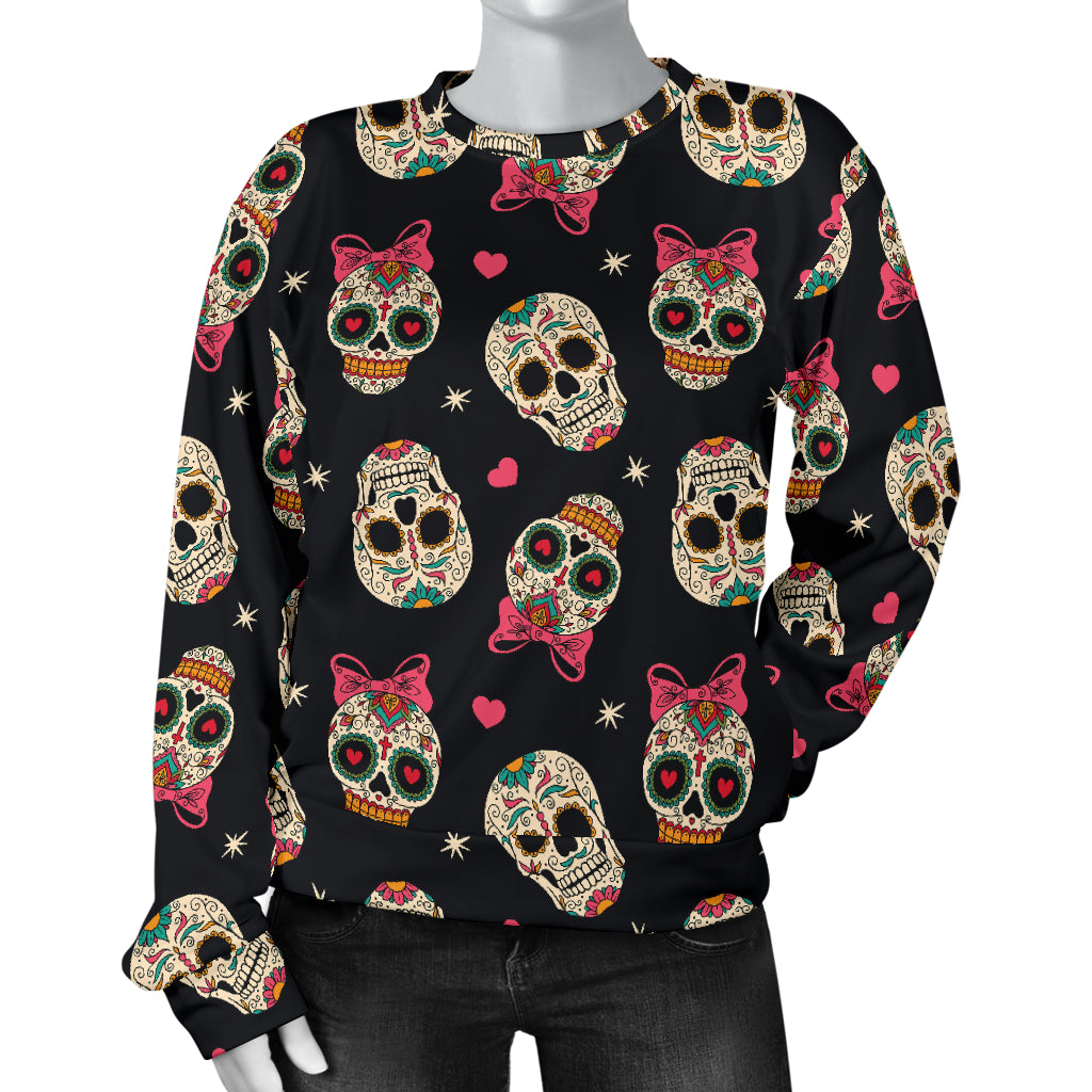 Sugar Skull Pink Bow Themed Print Women Long Sleeve Sweatshirt