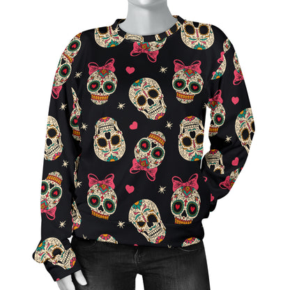 Sugar Skull Pink Bow Themed Print Women Long Sleeve Sweatshirt