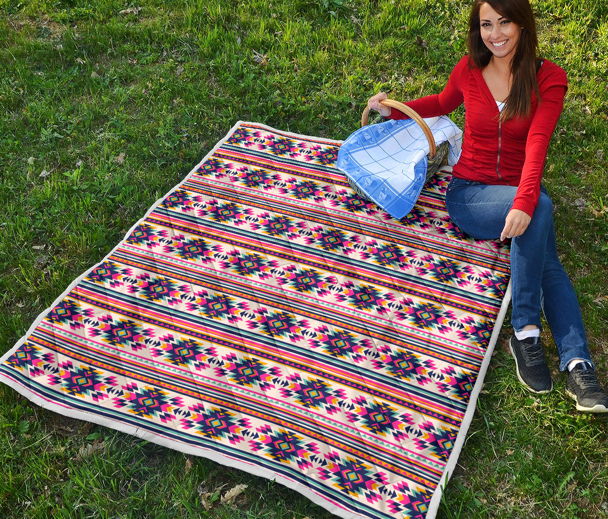 Indian Navajo Neon Themed Design Print Quilt Bedspread