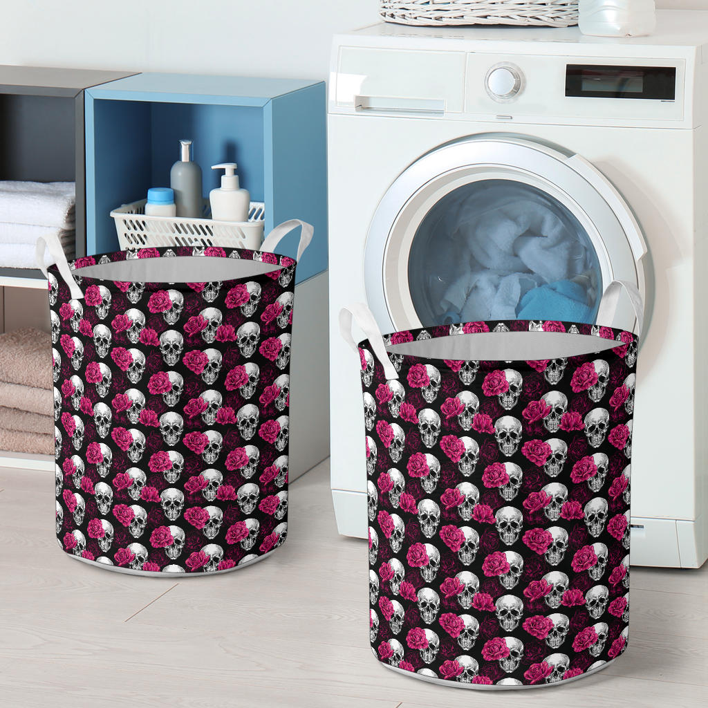 Pink Rose Skull Themed Print Laundry Basket