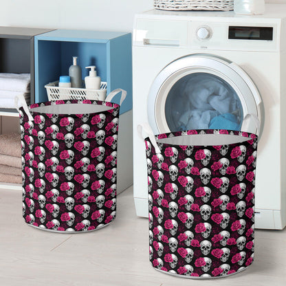 Pink Rose Skull Themed Print Laundry Basket