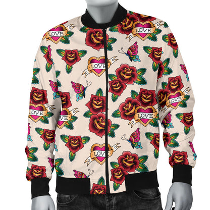 Old School Tattoo Rose Pattern Men Bomber Jacket