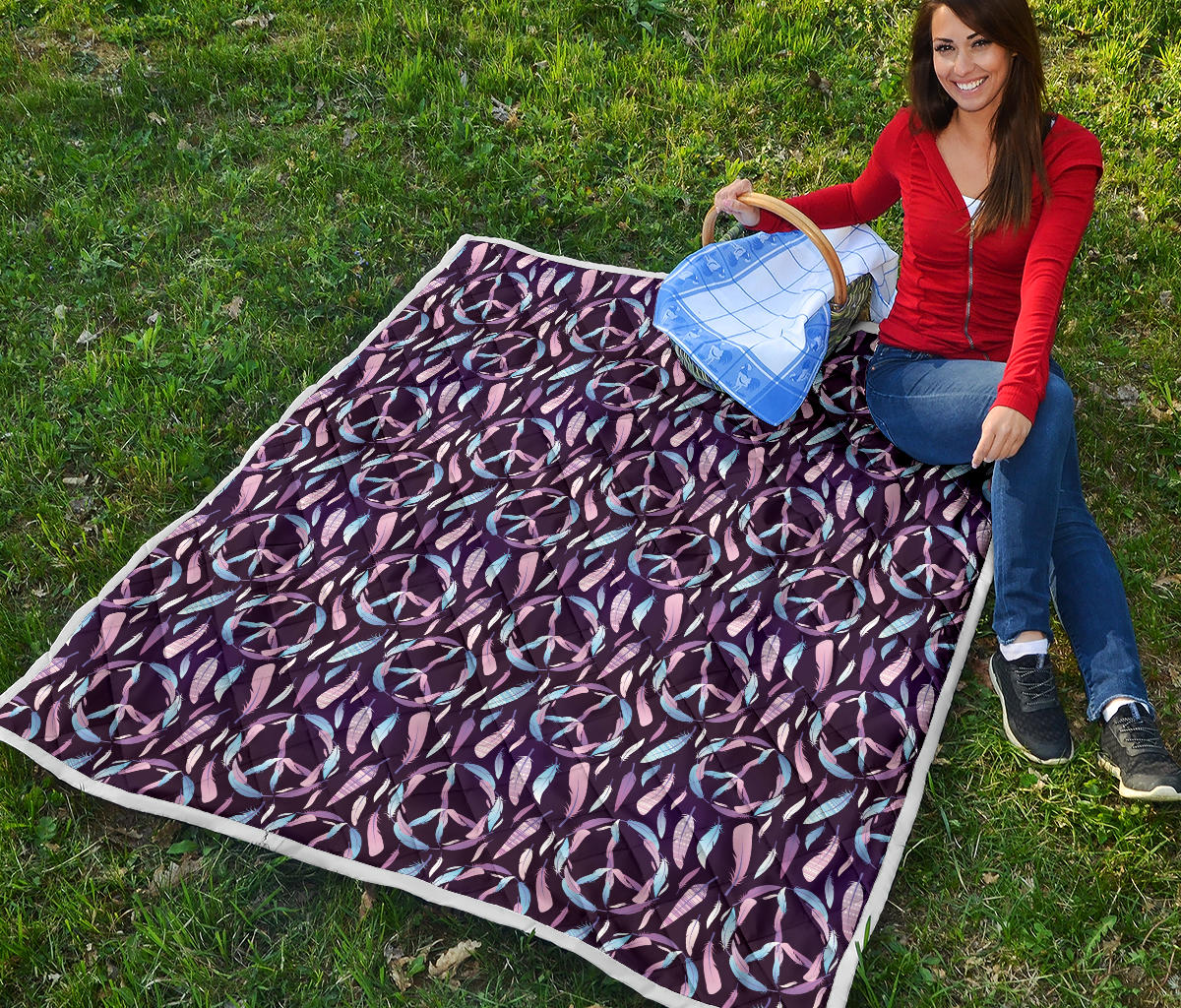 Peace Sign Feather Design Print Quilt Bedspread