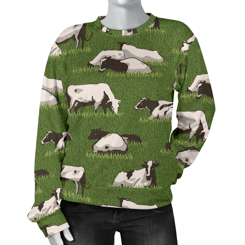 Cow on Grass Print Pattern Women Long Sleeve Sweatshirt