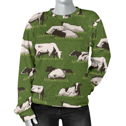Cow on Grass Print Pattern Women Long Sleeve Sweatshirt