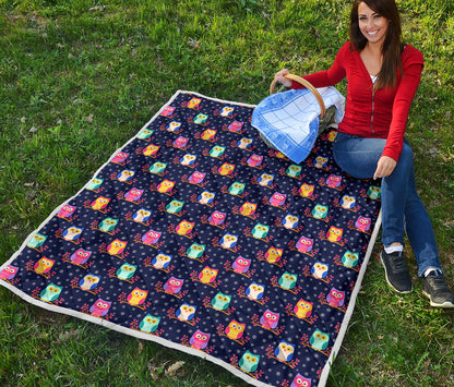 Owl Cute Themed Design Print Quilt Bedspread