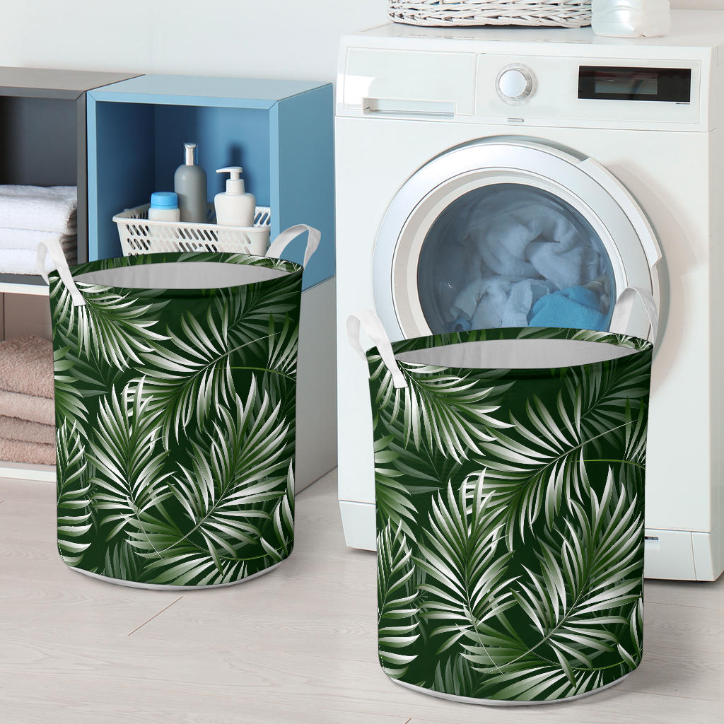 White Green Tropical Palm Leaves Laundry Basket