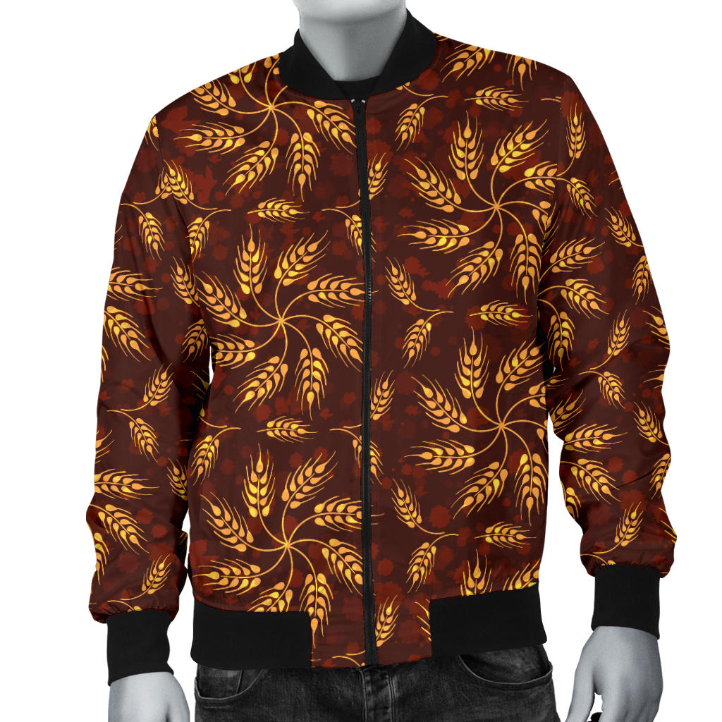Agricultural Brown Wheat Print Pattern Men Bomber Jacket
