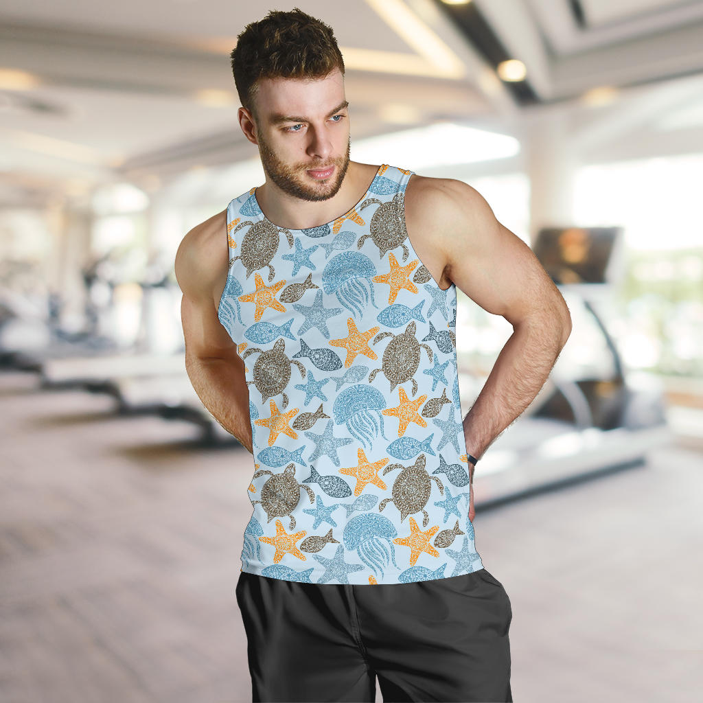 Polynesian Jellyfish Turtle Print Men Tank Top