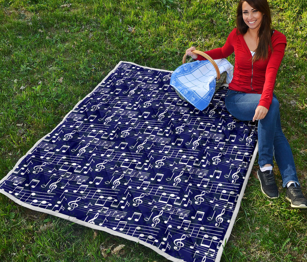 Music Note Blue Themed Print Quilt Bedspread