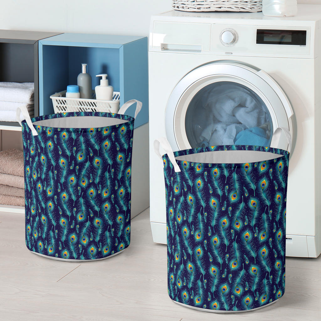 Peacock Feather Blue Design Print Laundry Basket