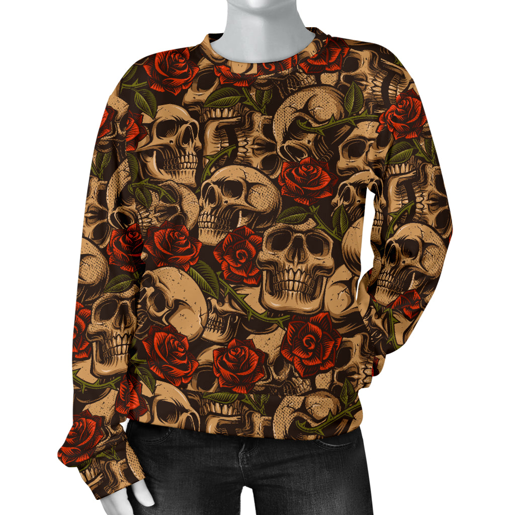 Skull Roses Vintage Design Themed Print Women Long Sleeve Sweatshirt