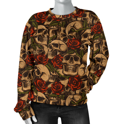 Skull Roses Vintage Design Themed Print Women Long Sleeve Sweatshirt
