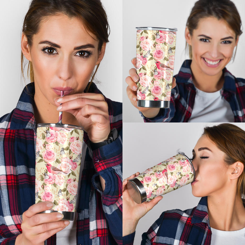Bird Butterfly Pink Flower Print Pattern Tumbler