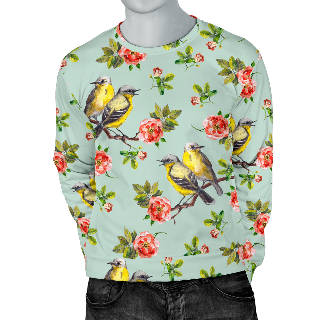 Bird with Red Flower Print Pattern Men Long Sleeve Sweatshirt
