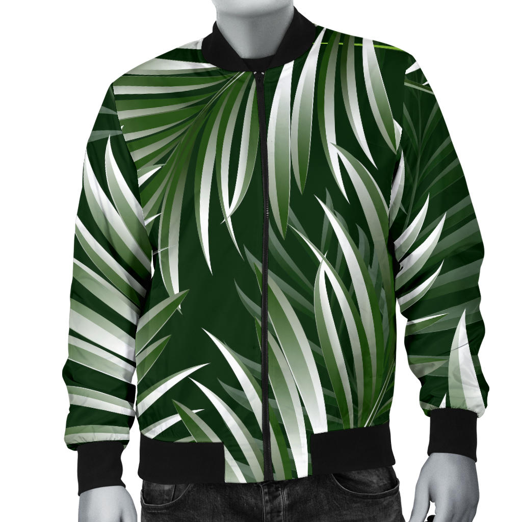White Green Tropical Palm Leaves Men Bomber Jacket