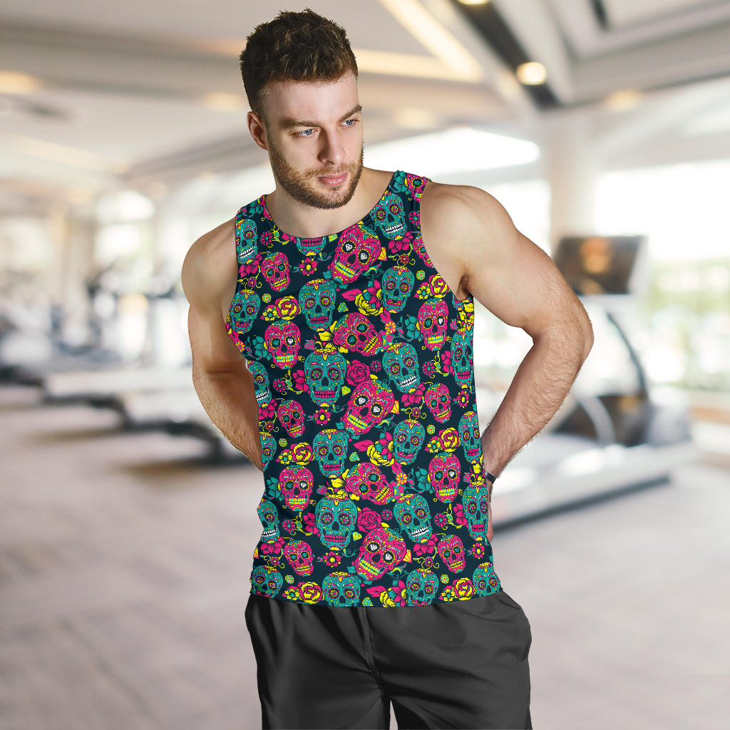 Sugar Skull Floral Design Themed Print Men Tank Top