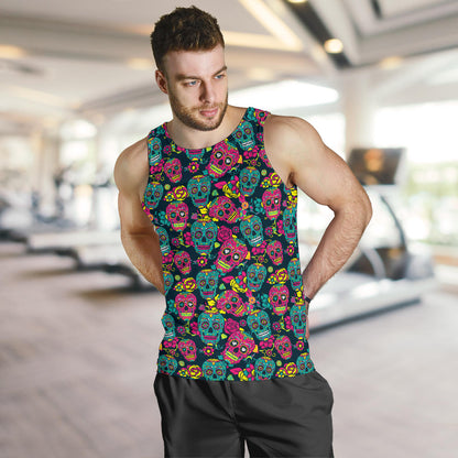 Sugar Skull Floral Design Themed Print Men Tank Top